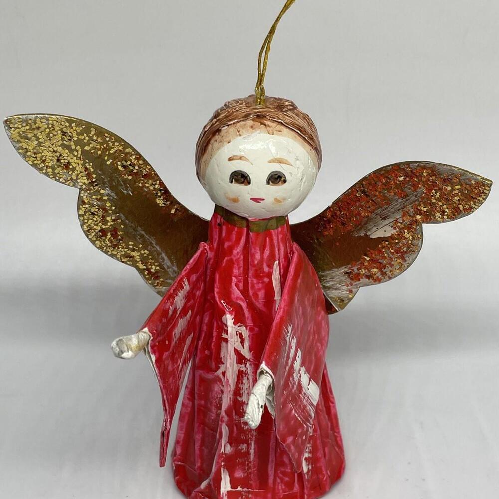 Paper Mache Angel Bell‎ Cardboard Wings Glitter Christmas Ornament Vintage